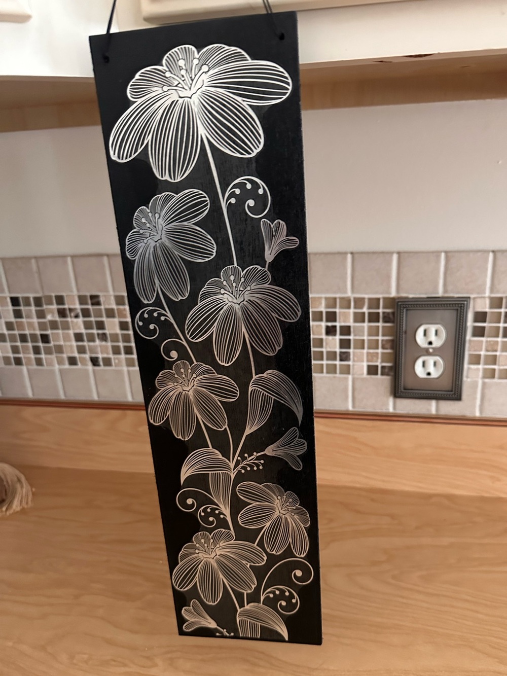 Hand Crafted Black and silver Floral wooden Wall hanging